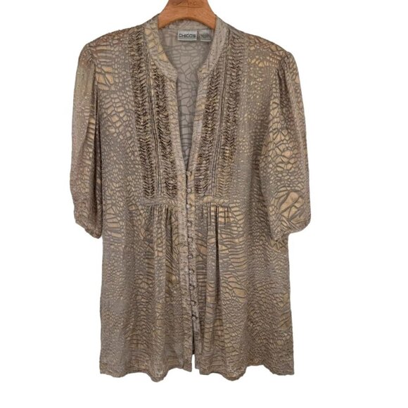 Chicos 1 Animal Print semi Sheer burnout Tunic 3/4 Sleeves Size medium Gold - Picture 1 of 11